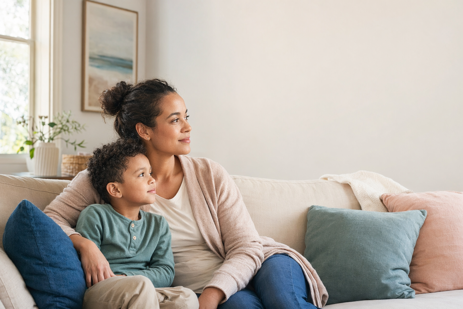 A parent and child at home in calm morning light